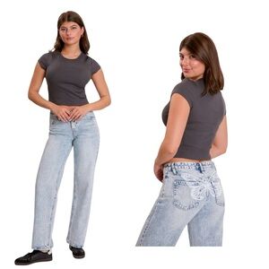 YMI Jeans Brittany Style Wide Leg Low-Rise, white Butterfly pint on back.